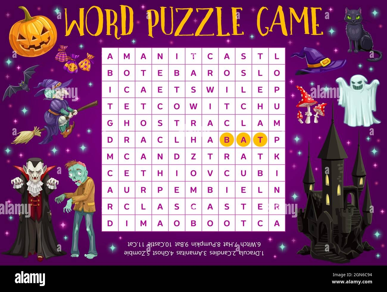 Happy Halloween Word Puzzle Worksheet With Cartoon Halloween Characters Word Quiz Or Riddle Game Crossword For Kids With Spooky Vampire Zombie And Witch Ghost Pumpkin Lantern And Scary Castle Stock Vector Image