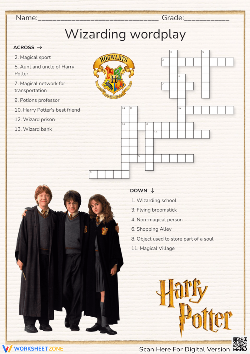 Harry Potter Crossword Worksheets Printable