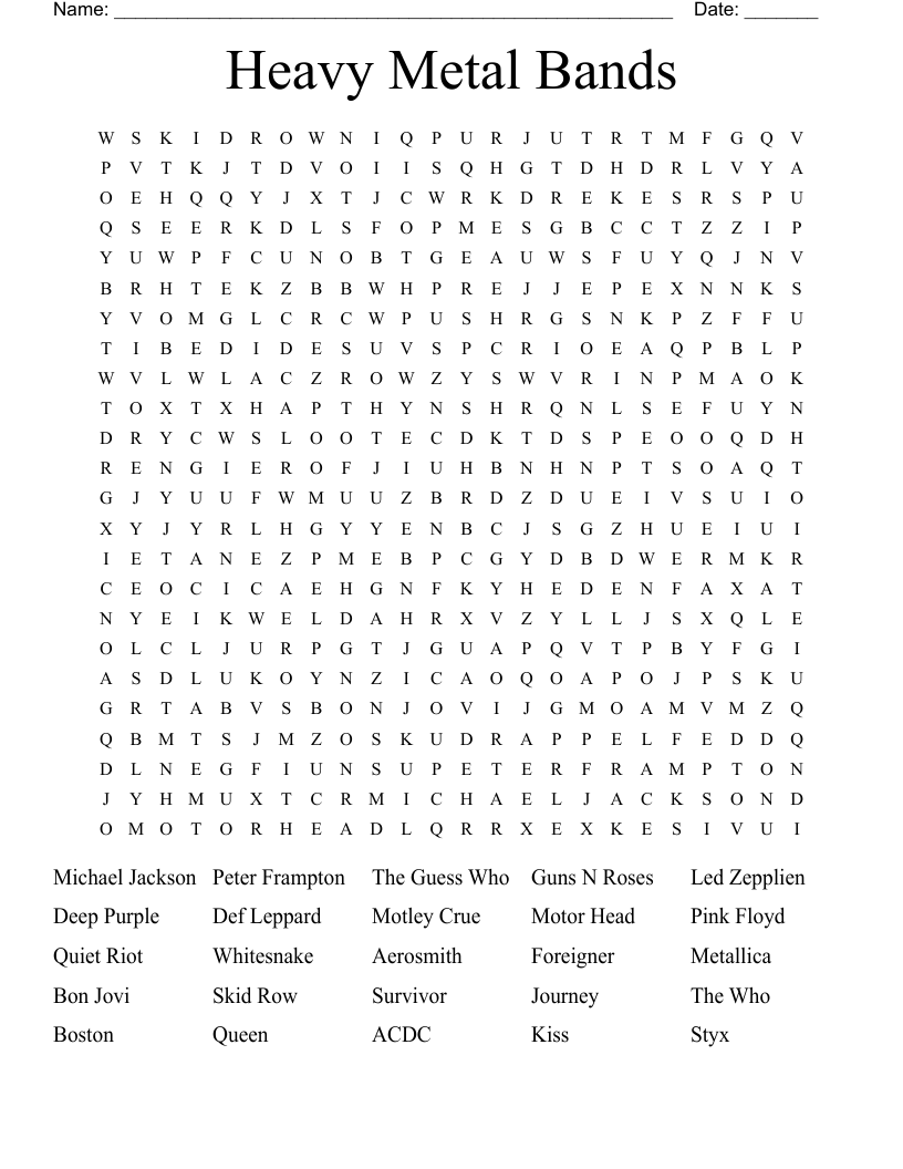 Heavy Metal Bands Word Search WordMint