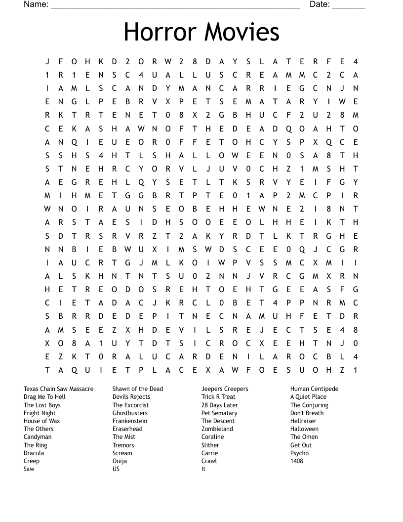 Horror Movies Word Search WordMint
