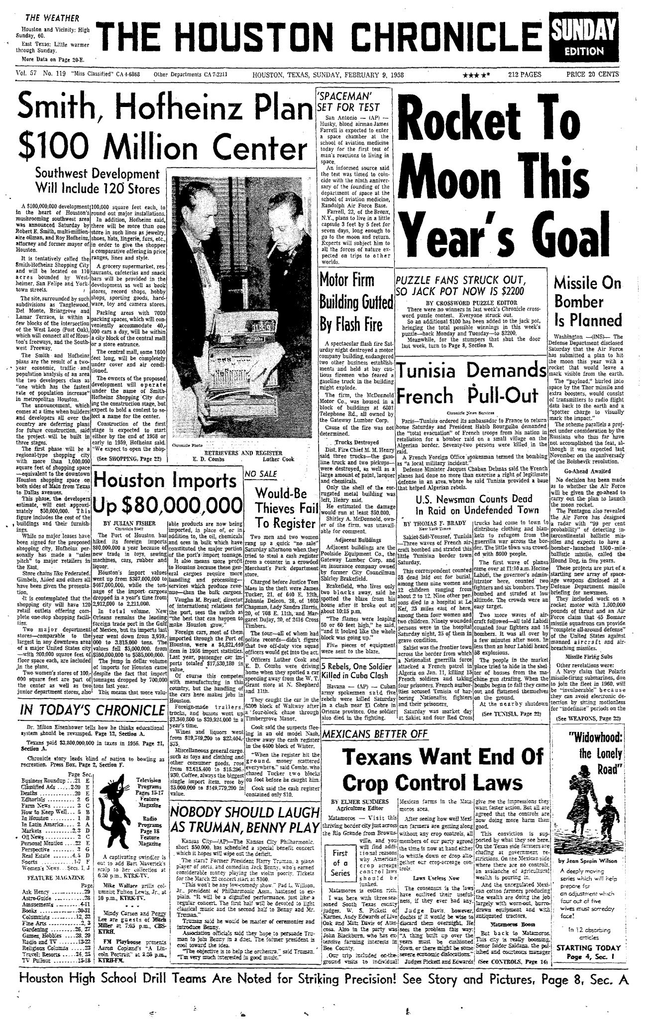 Houston Chronicle Page One Feb 9 1958