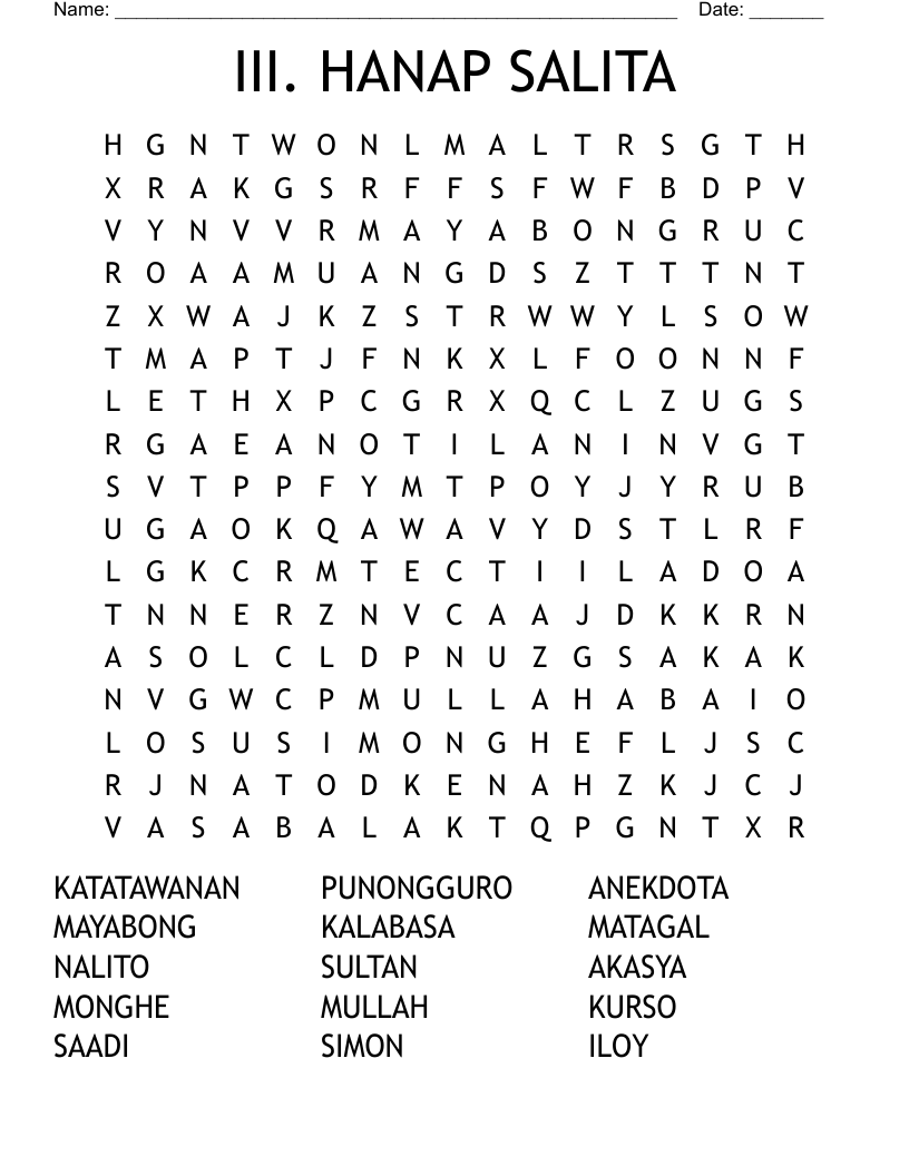 Free Tagalog Crossword Puzzle Printable
