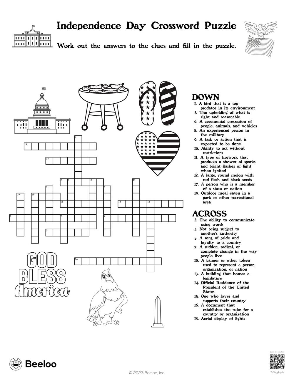 Independence Day Crossword Puzzle Beeloo Printable Crafts And Activities For Kids