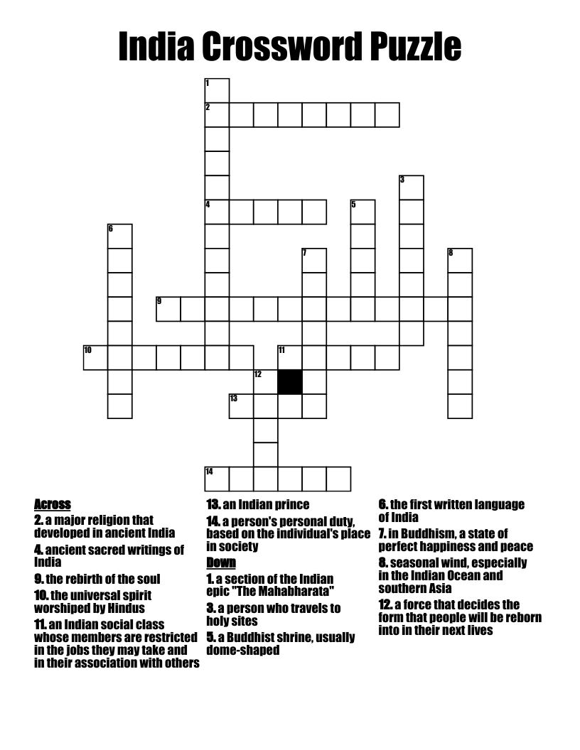 India Crossword Puzzle WordMint
