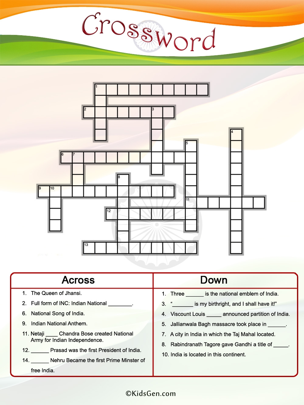 Indian Independence Day Color Crossword Template