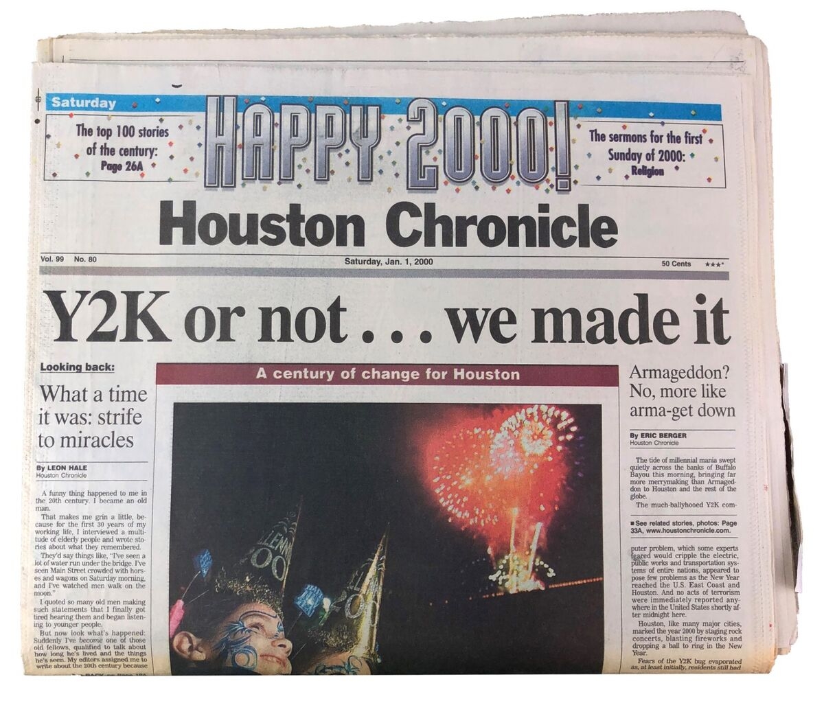 Jan 2 2000 Houston Chronicle Newspaper Y2K We Made It Millennium Whole Paper EBay