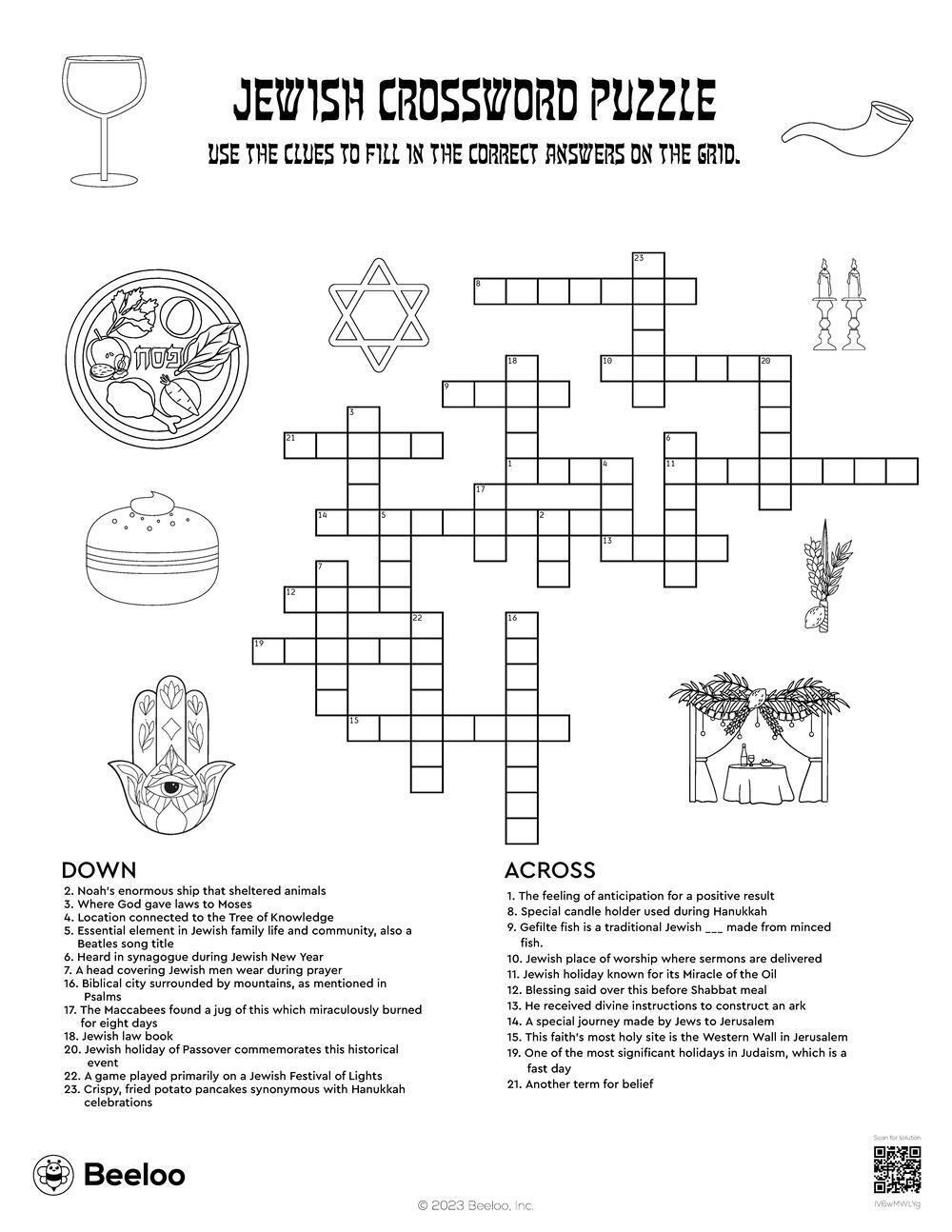 Jewish Crossword Puzzle Beeloo Printable Crafts And Activities For Kids