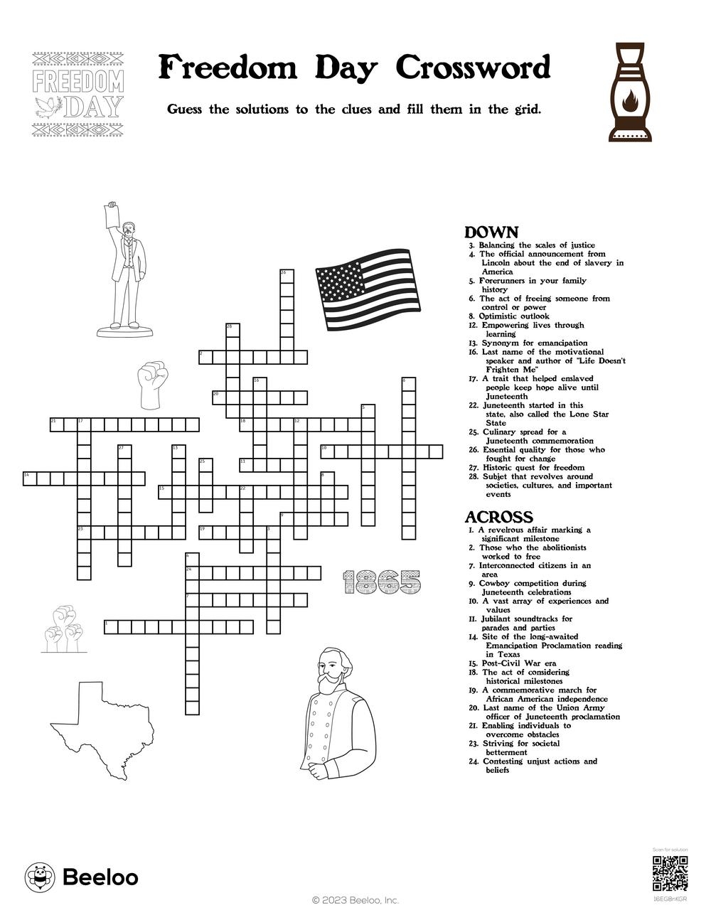 Juneteenth themed Crossword Puzzles Beeloo Printable Crafts And Activities For Kids