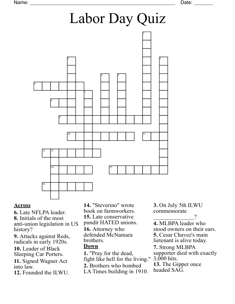 Labor Day Quiz Crossword WordMint