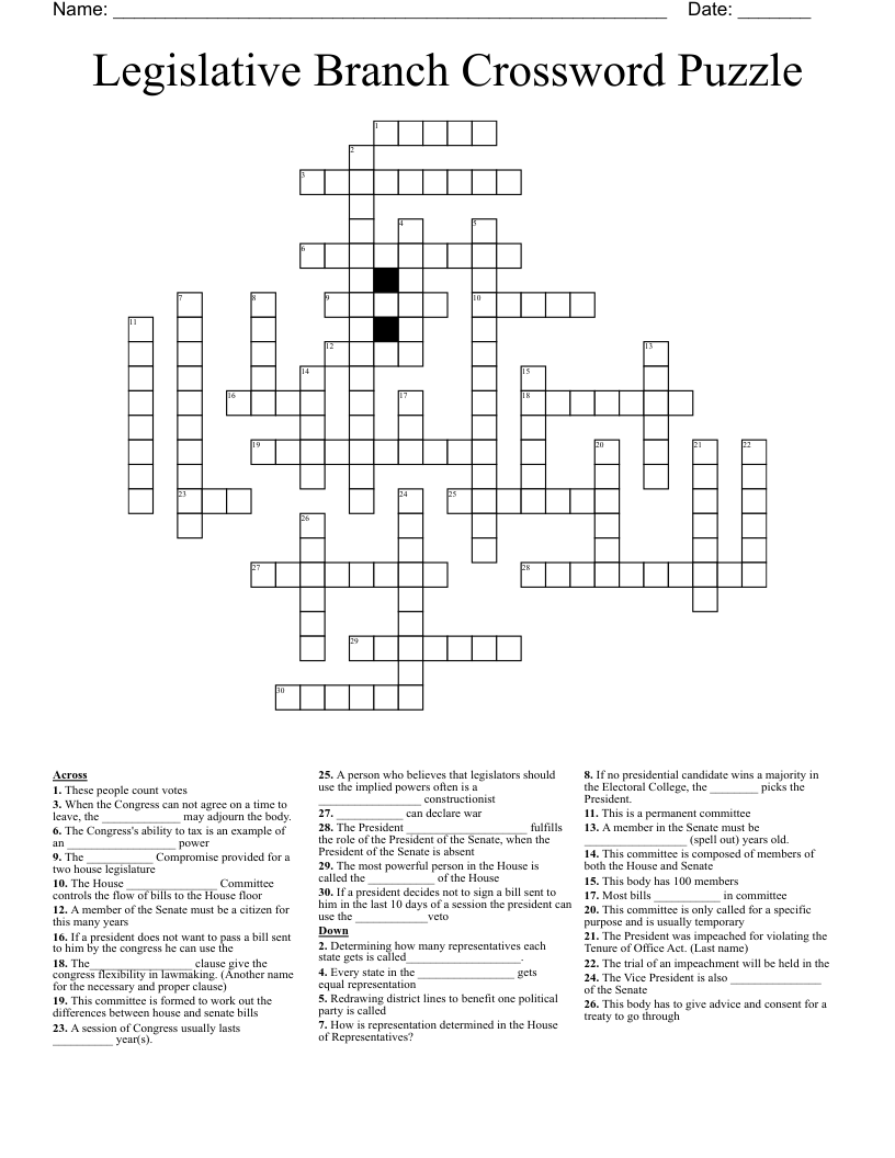 Legislative Branch Crossword Puzzle WordMint