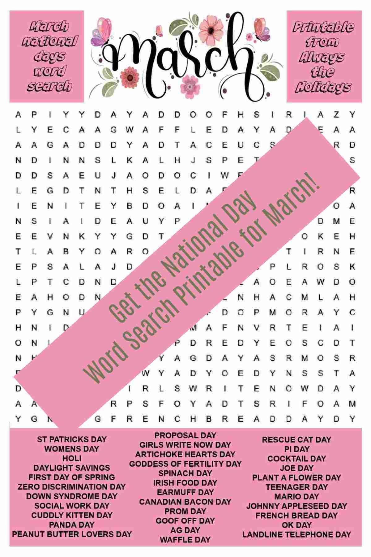 March Word Search Printable National Days Word Find Puzzles