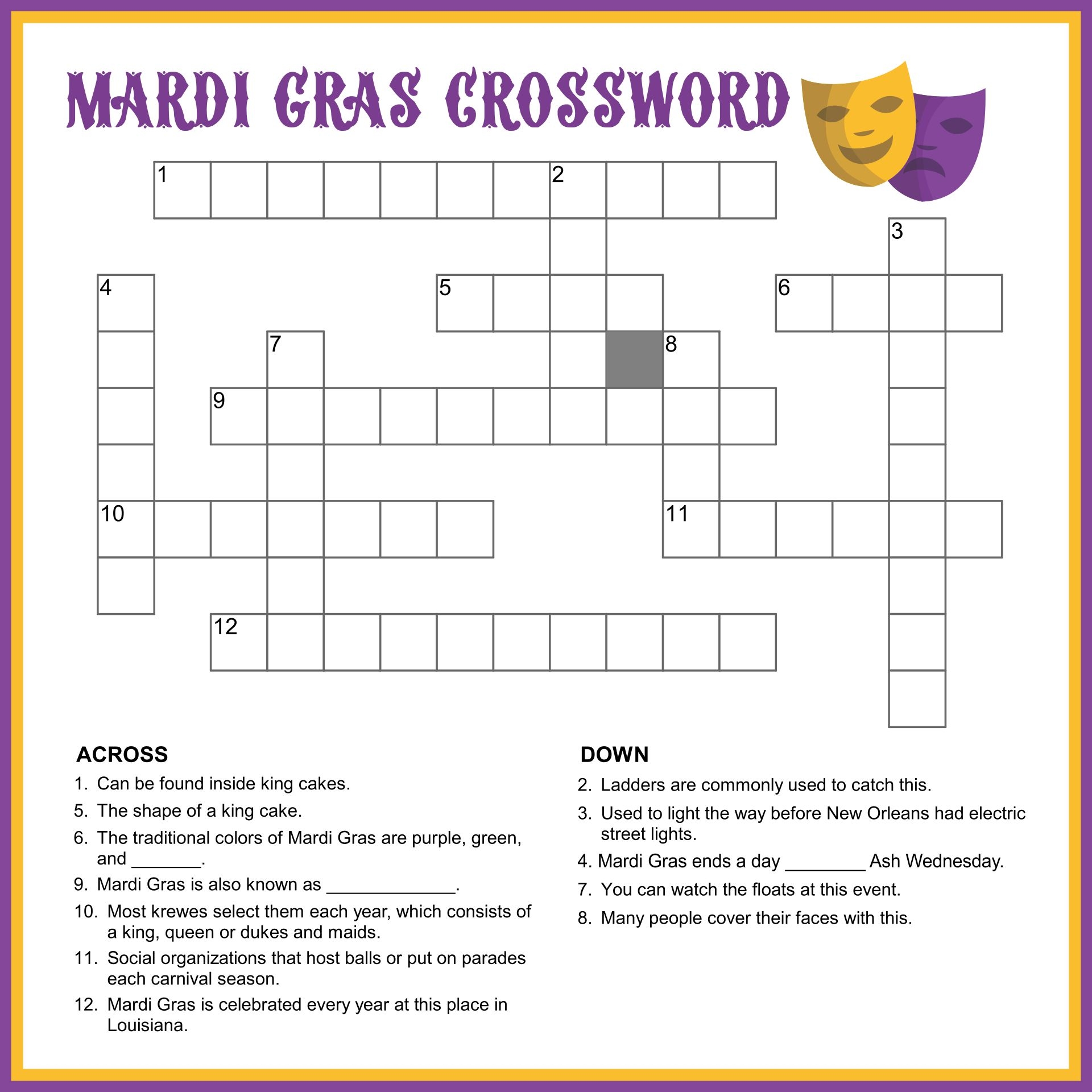 Mardi Gras Crossword 14 Free PDF Printables Printablee