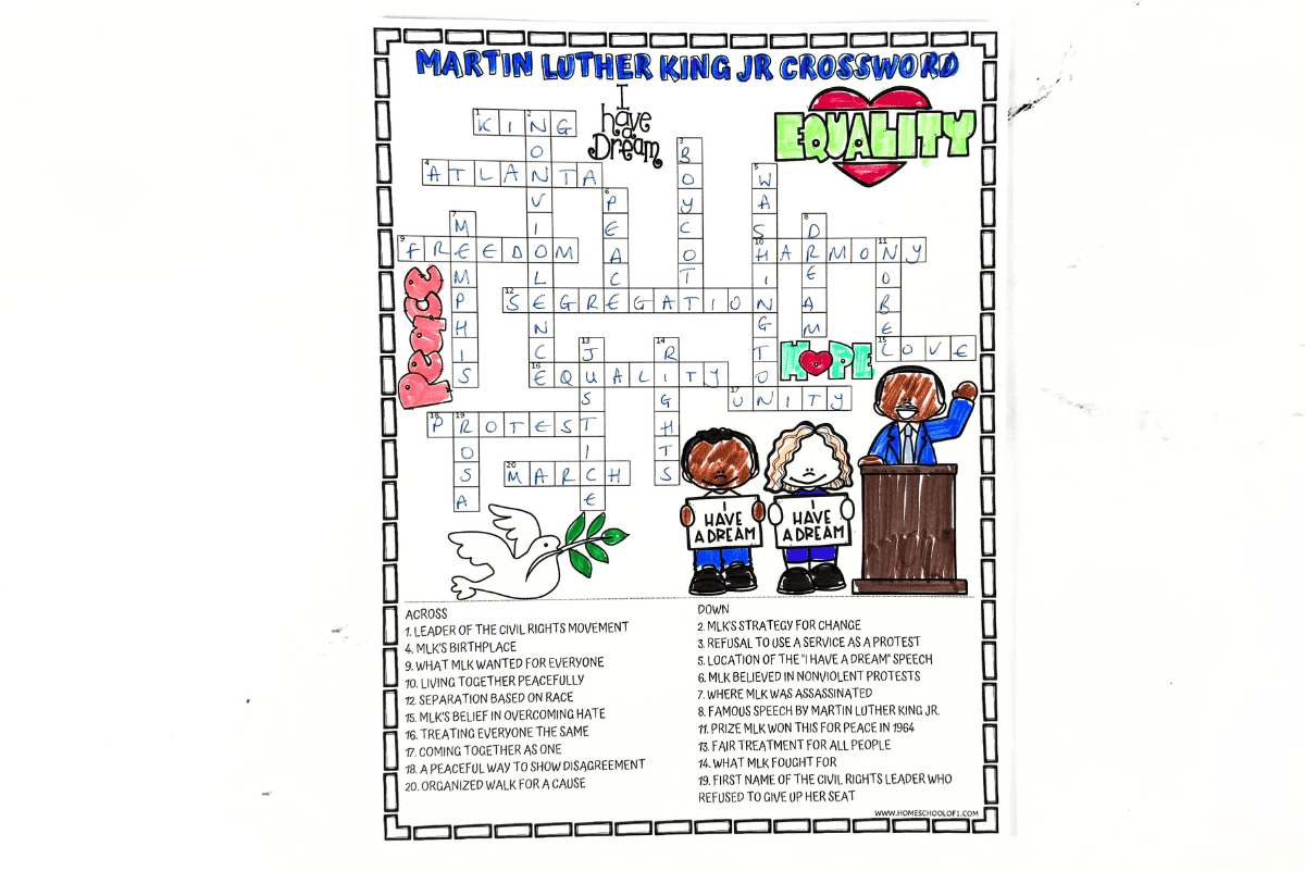 Martin Luther King Jr Crossword Puzzle Free Printable