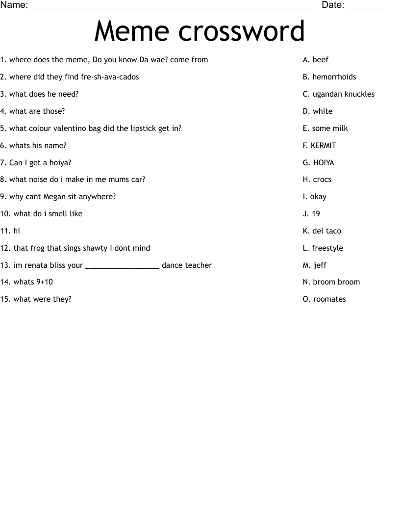 Meme Crossword Worksheet WordMint Meme Crossword Worksheet WordMint