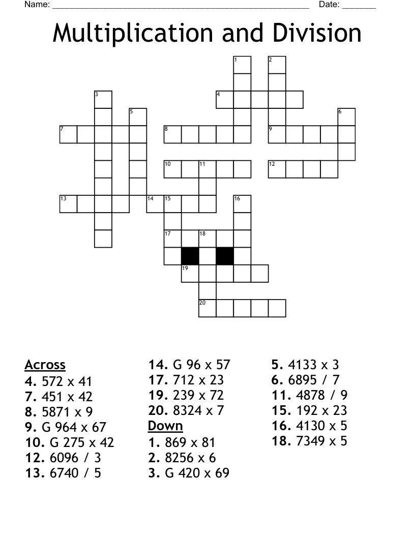 Multiplication And Division Crossword WordMint