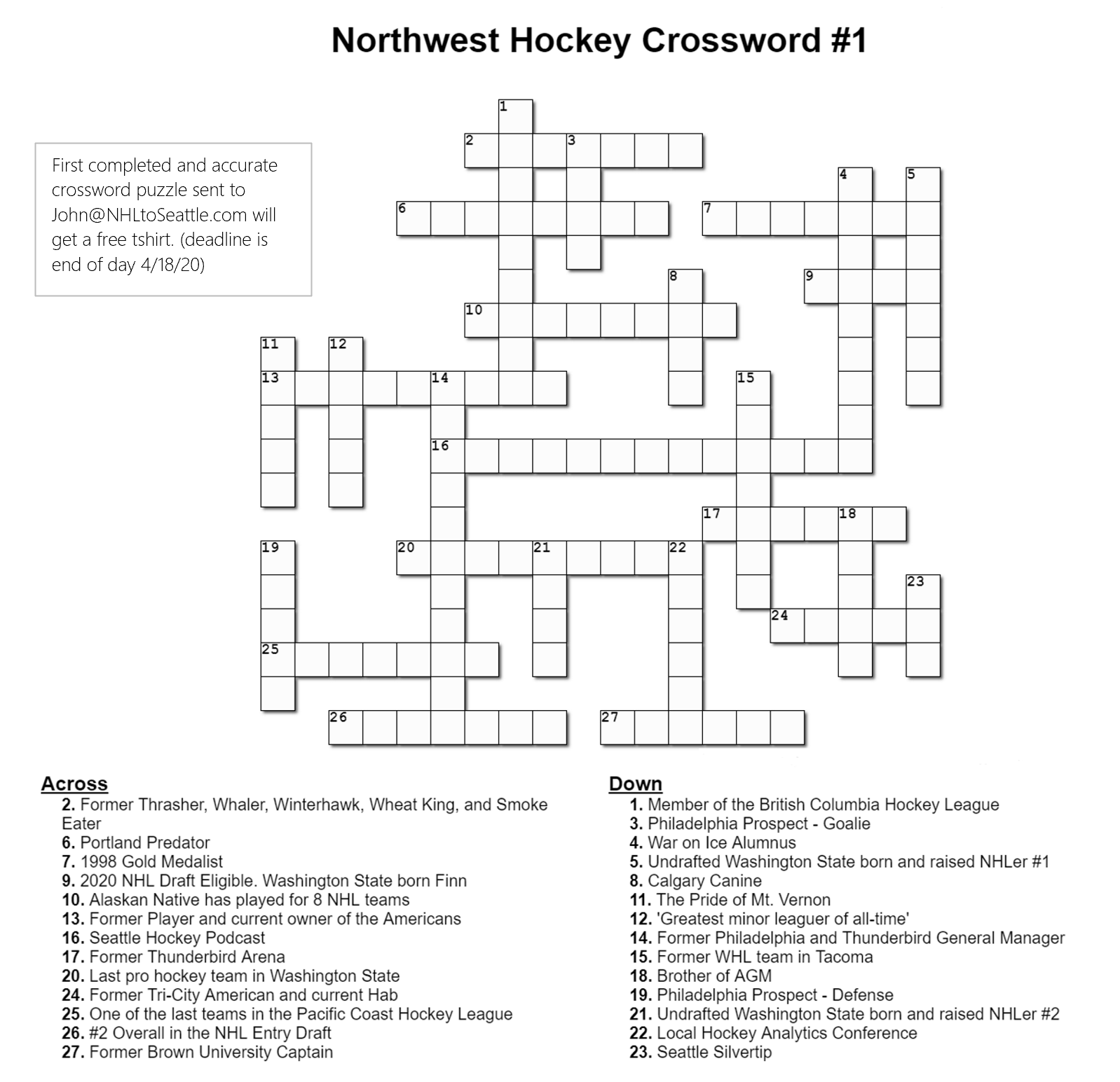 Hockey Crossword Puzzles Printable