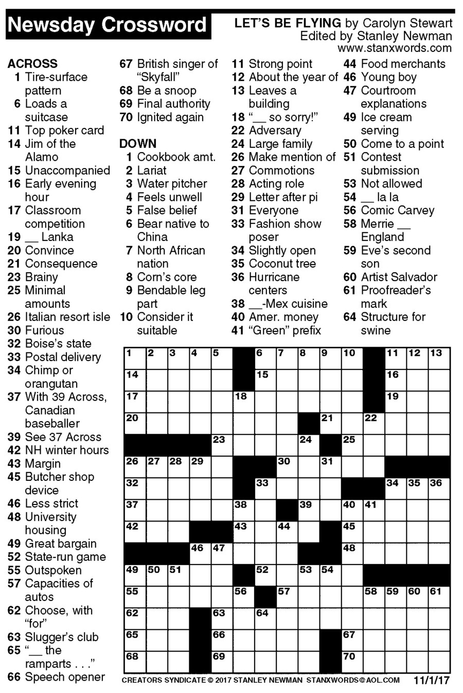 Newsday Crossword Puzzle For Nov 01 2017 By Stanley Newman Creators Syndicate
