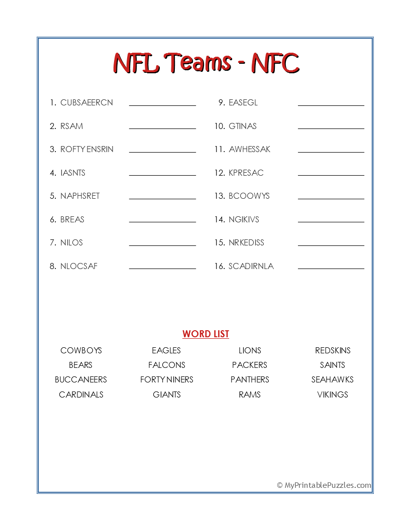 NFL Teams NFC Word Scramble My Printable Puzzles