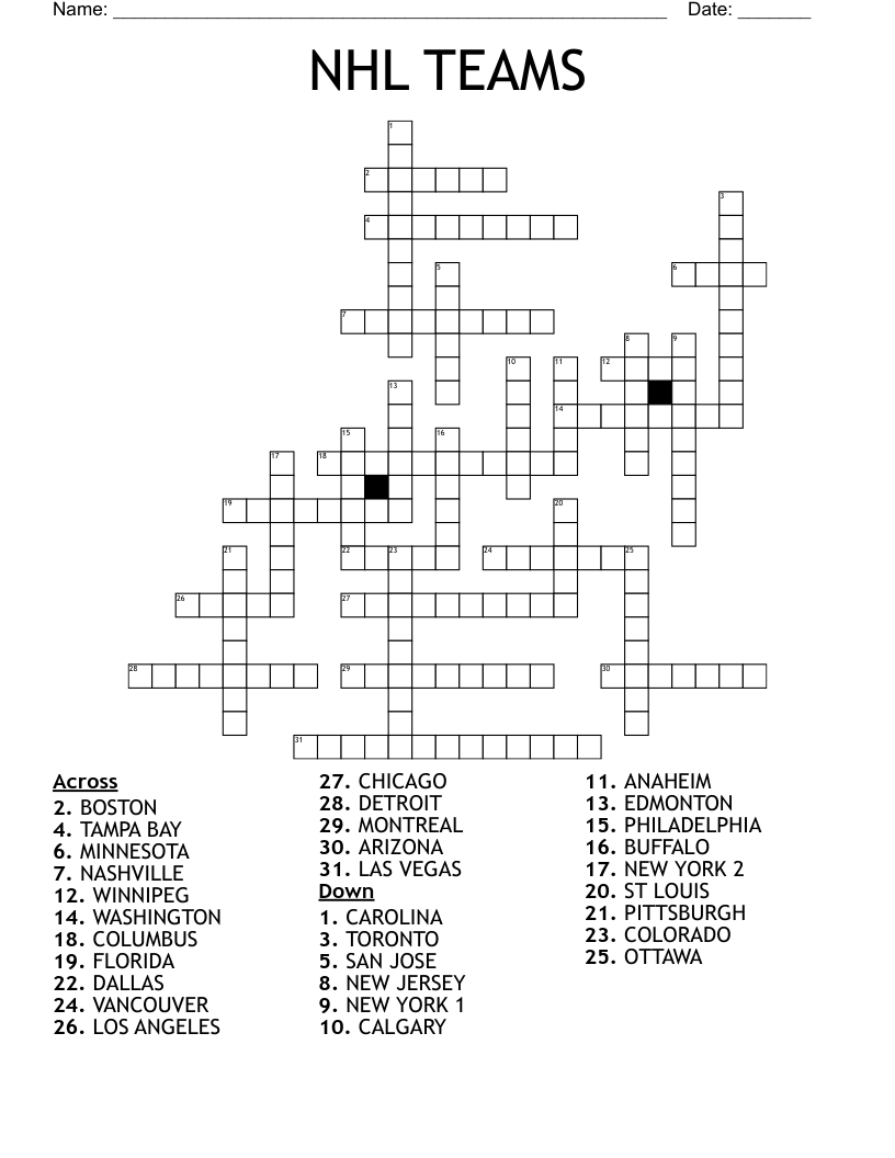 NHL TEAMS Crossword WordMint