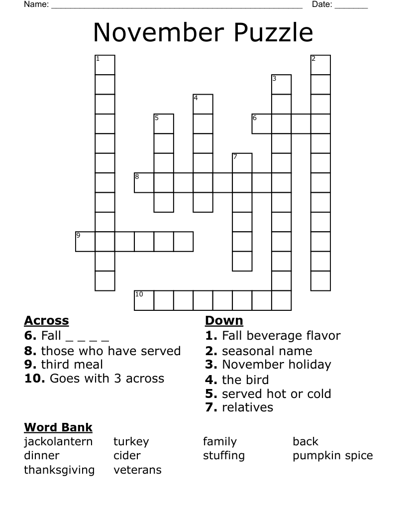 November Puzzle Crossword WordMint