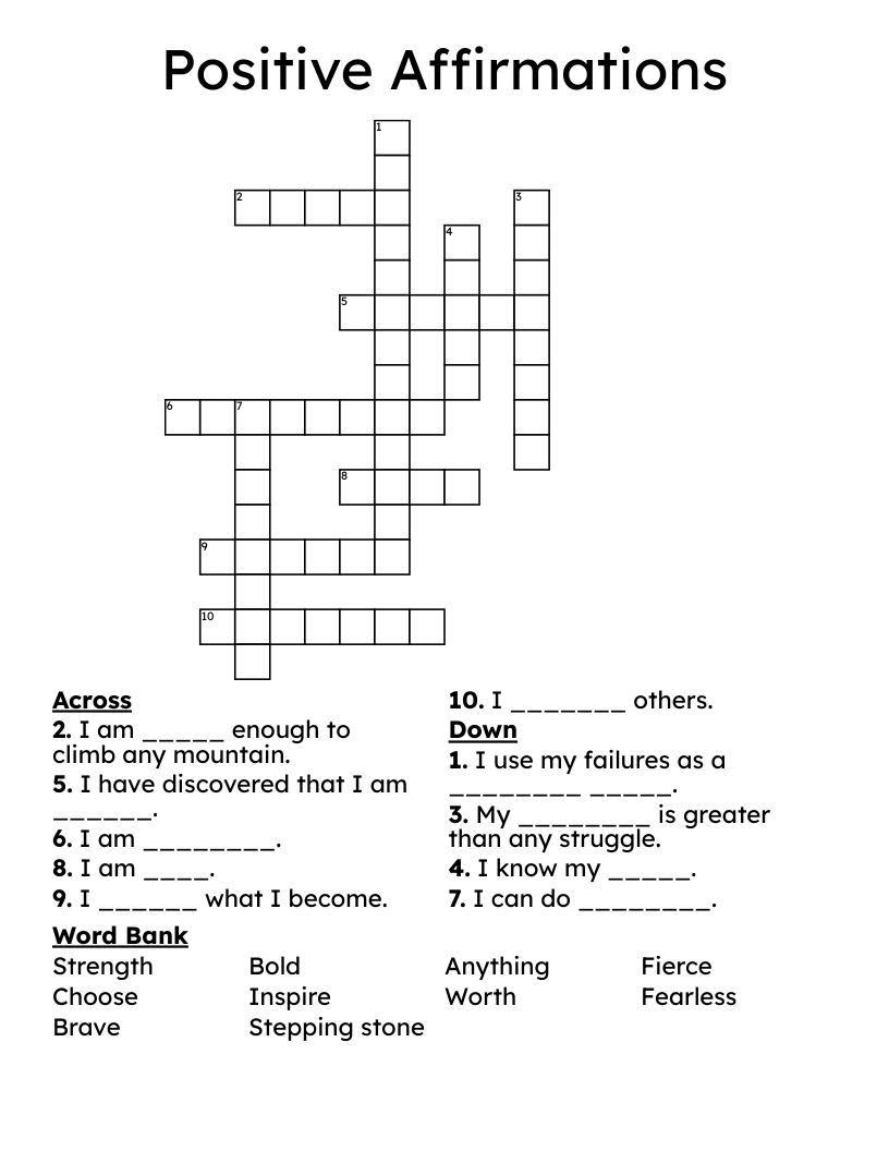 Positive Affirmations Crossword WordMint Positive Affirmations Crossword WordMint