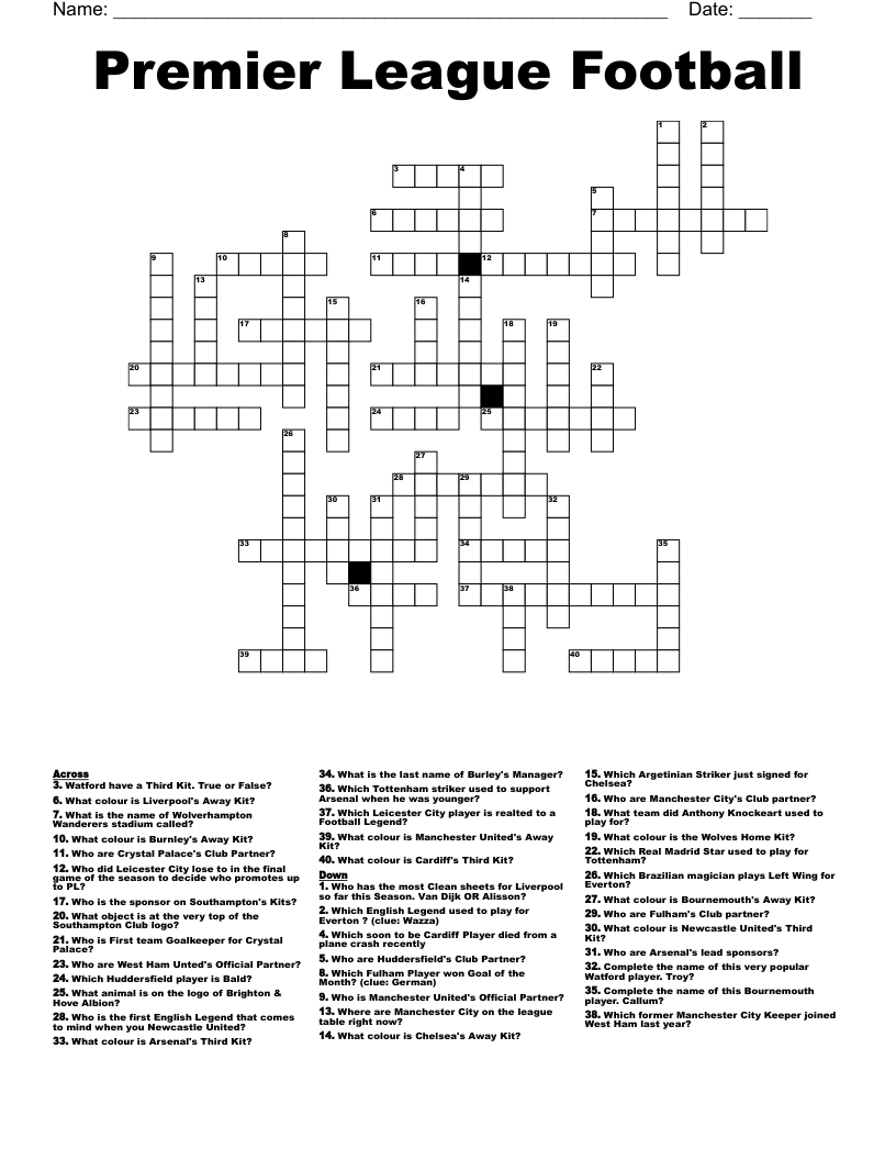 Premier League Football Crossword WordMint