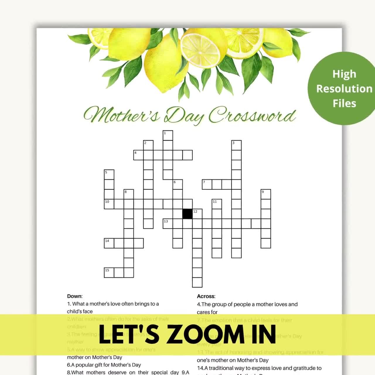 Printable Mother s Day Crossword Puzzle With Answers Test Your Knowledge Party Game Brunch Activity Lemon Themed Digital Challenge Etsy