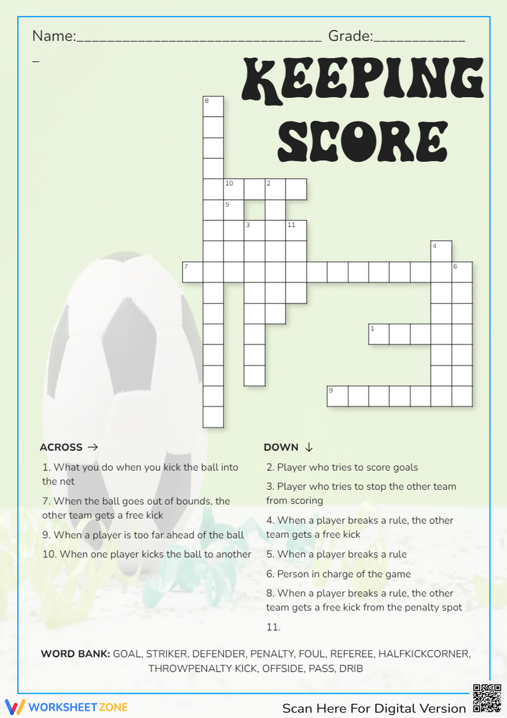 Soccer Crossword Puzzle Worksheets Printable