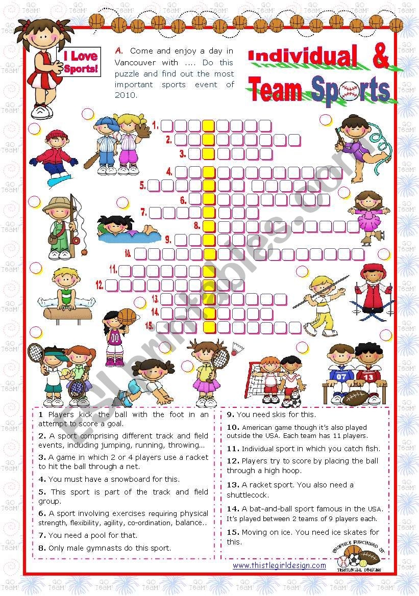 Sports Set 4 Individual And Team Sports Crossword Puzzle ESL Worksheet By Mena22