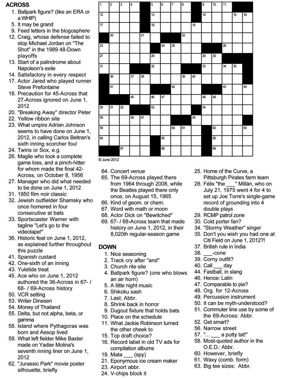 Sports Tribute Baseball Crossword Puzzle