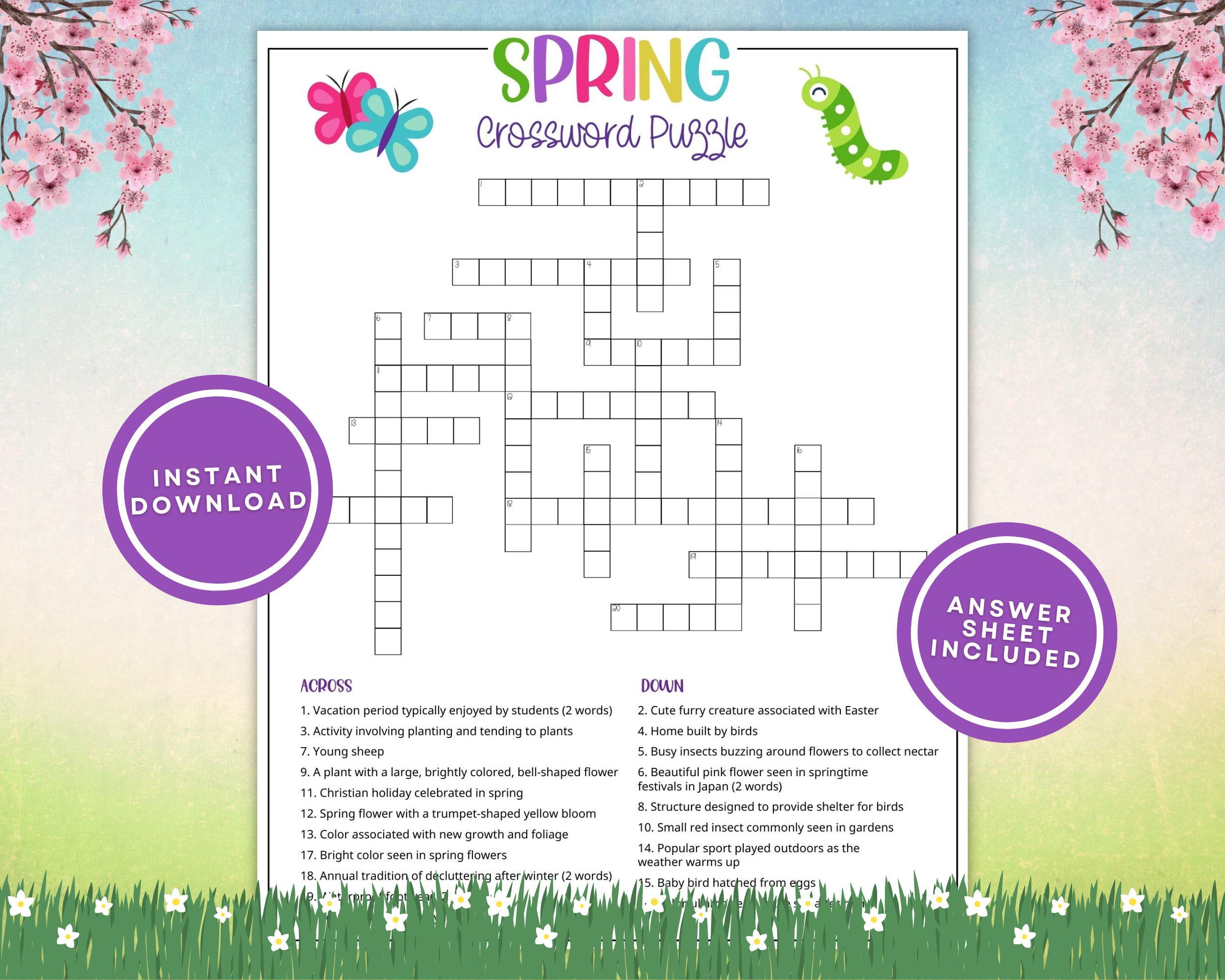 Spring Crossword Puzzle For Kids And Adults Fun Printable Springtime Word Game W Answers For Classrooms Family Parties Instant Download Etsy