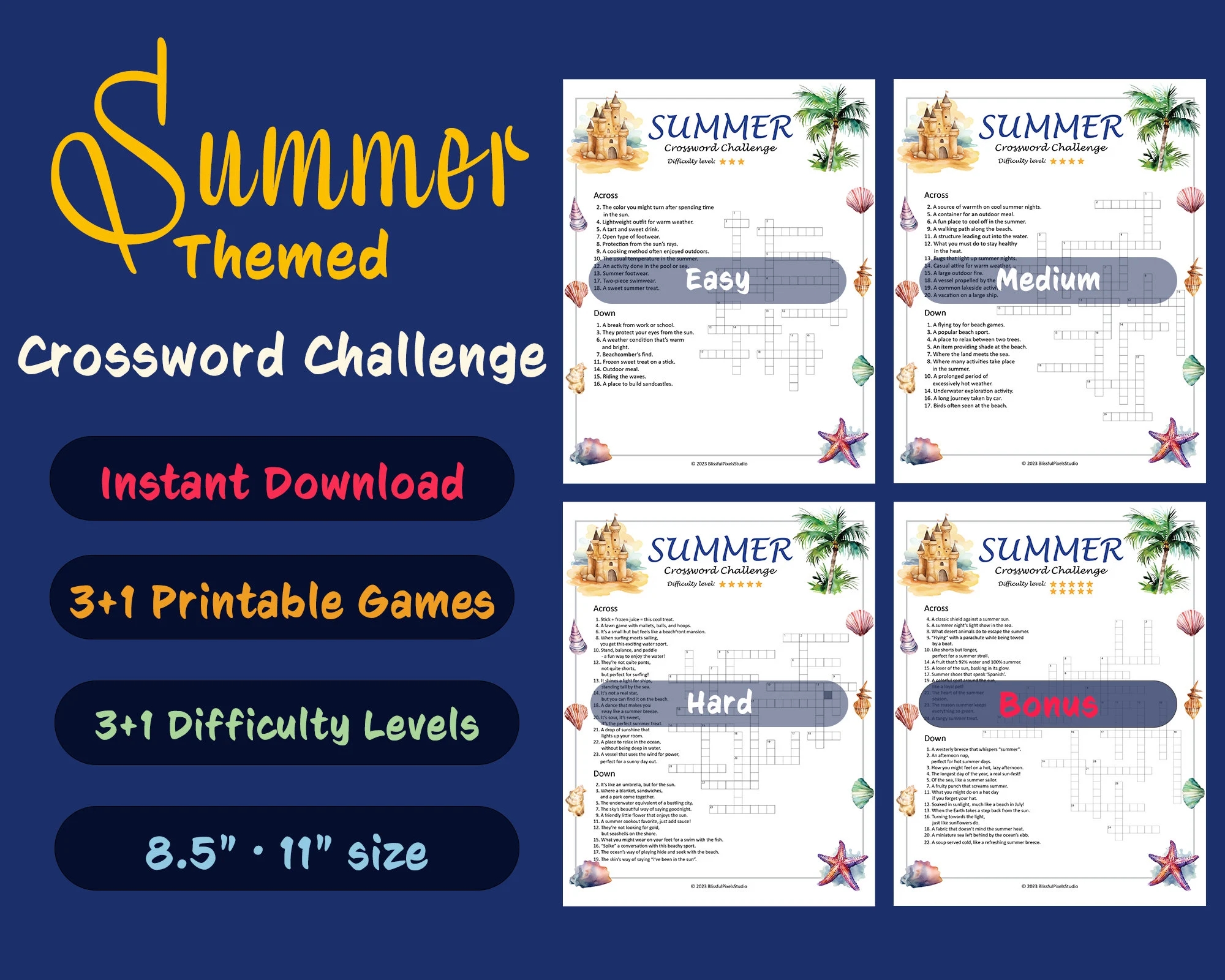 Summer Crossword Puzzle Pack 4 Printable Games Easy Medium Hard Super Hard Etsy