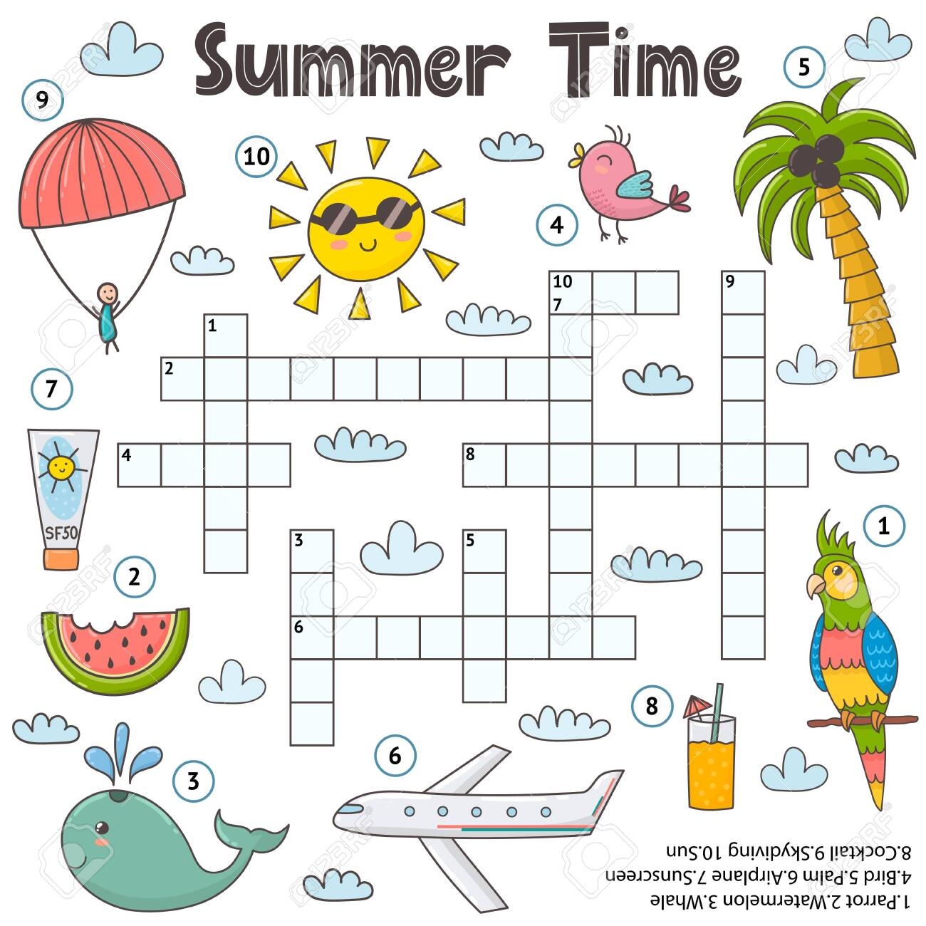 Summer Time Crossword Game For Kids Funny Educational Activity Page Royalty Free SVG Cliparts Vectors And Stock Illustration Image 138341597 