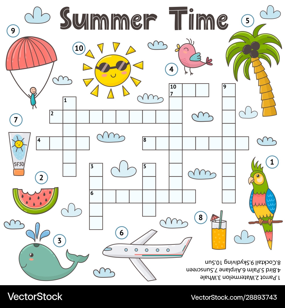 Summer Time Crossword Game For Kids Funny Vector Image