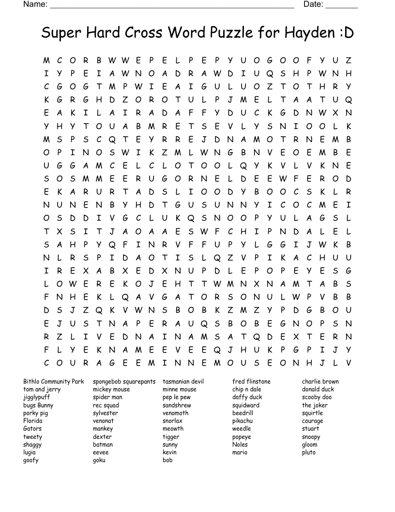 Super Hard Cross Word Puzzle For Hayden D Word Search WordMint Worksheets Library