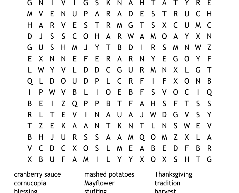 Thanksgiving Crossword Puzzle Word Search WordMint
