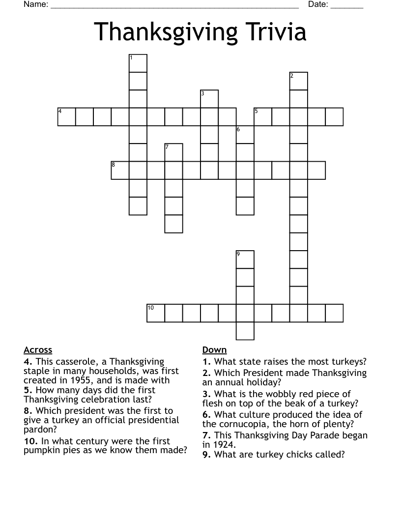 Thanksgiving Trivia Crossword WordMint