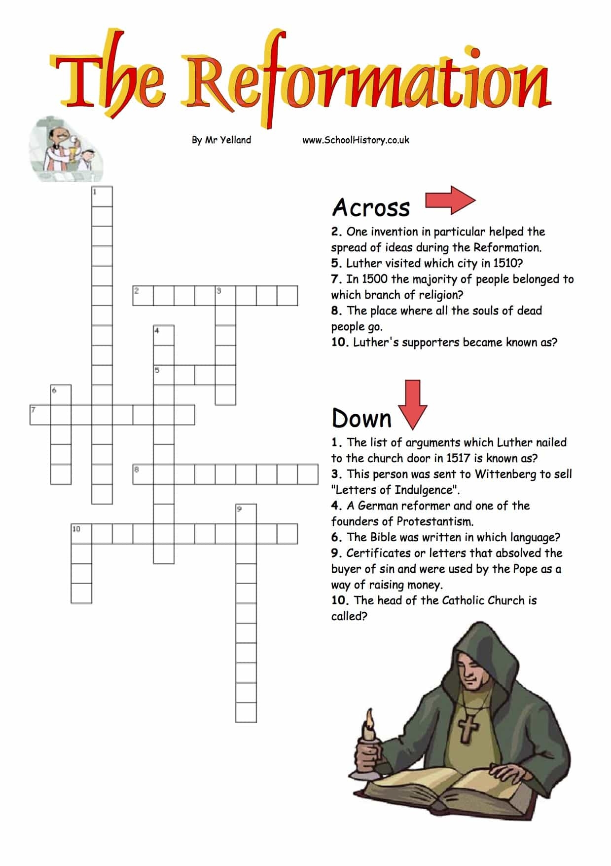 The English Reformation Crossword Free Printable PDF Year 8