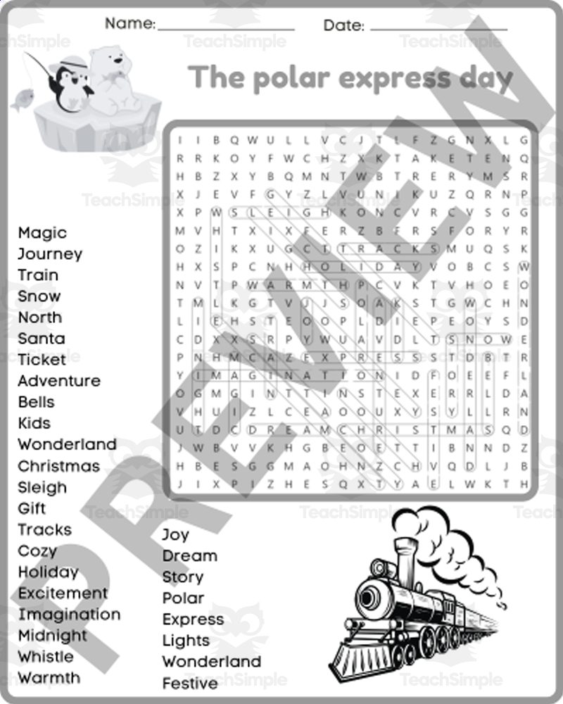 THE POLAR EXPRESS DAY Word Search Puzzle Worksheets Activity By Teach Simple