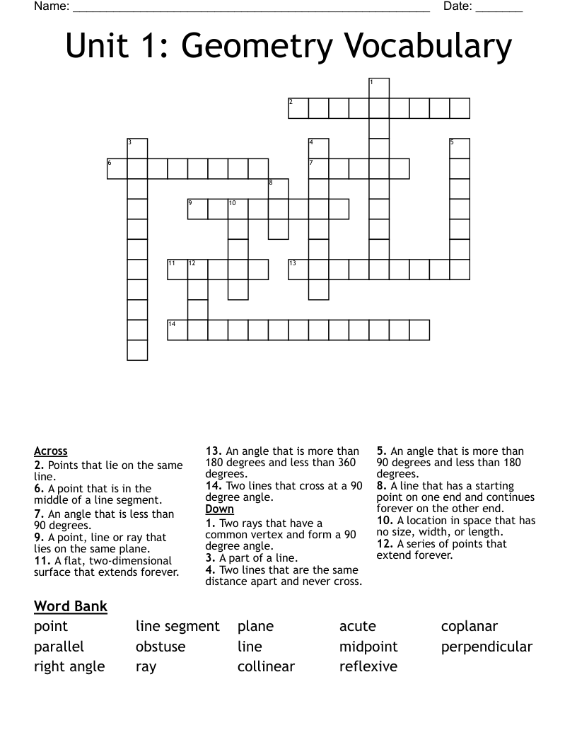Unit 1 Geometry Vocabulary Crossword WordMint