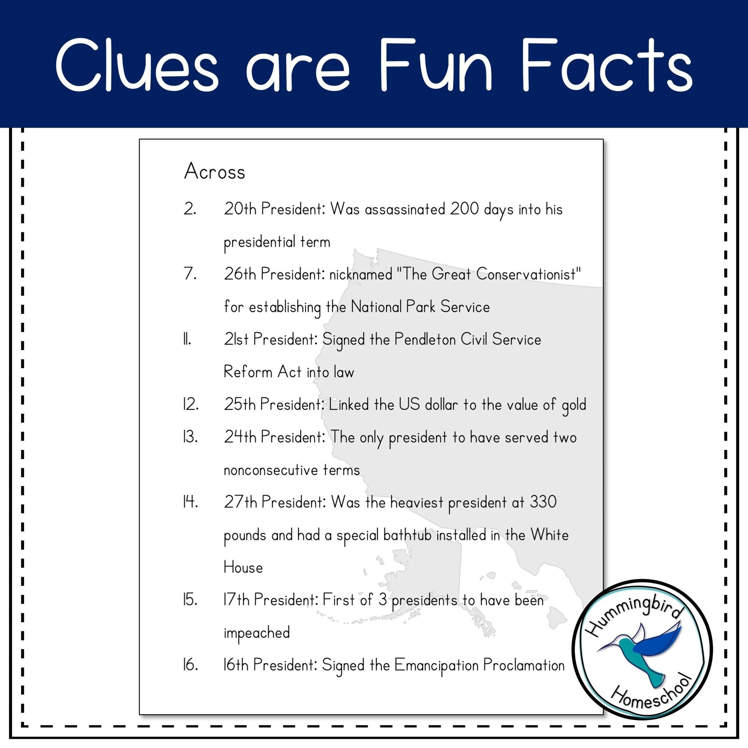 US Presidents Crossword Puzzles With Answers Hummingbird Homeschool