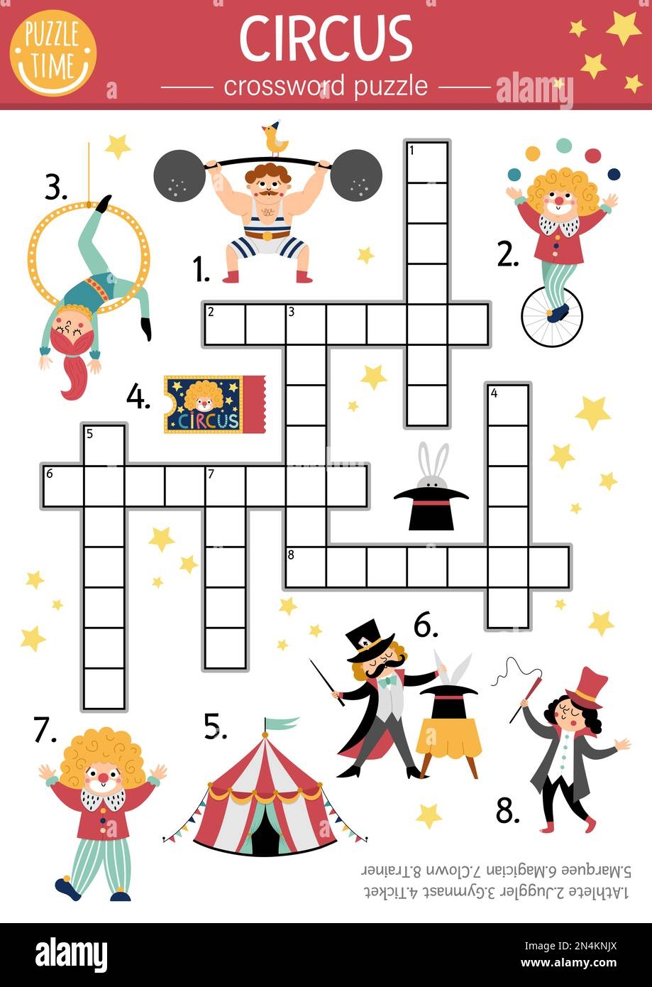 Vector Circus Crossword Puzzle For Kids Simple Amusement Show Quiz With Funny Performers For Children Educational Activity With Clown Marquee Magi Stock Vector Image Art Alamy