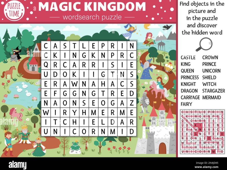 Vector Fairytale Wordsearch Puzzle For Kids Simple Magic Kingdom Crossword With Fantasy Creatures For Children Activity With Knight Castle Princes Stock Vector Image Art Alamy