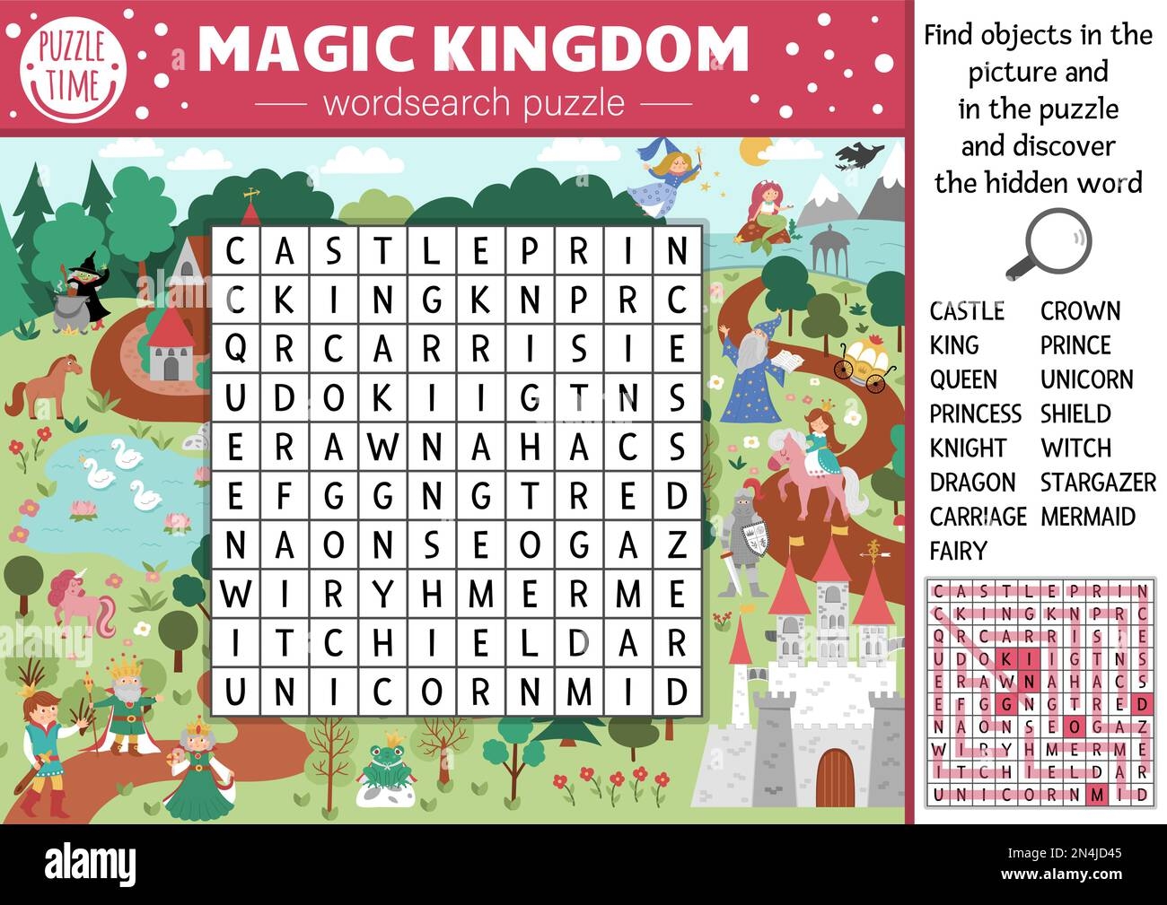Vector Fairytale Wordsearch Puzzle For Kids Simple Magic Kingdom Crossword With Fantasy Creatures For Children Activity With Knight Castle Princes Stock Vector Image Art Alamy