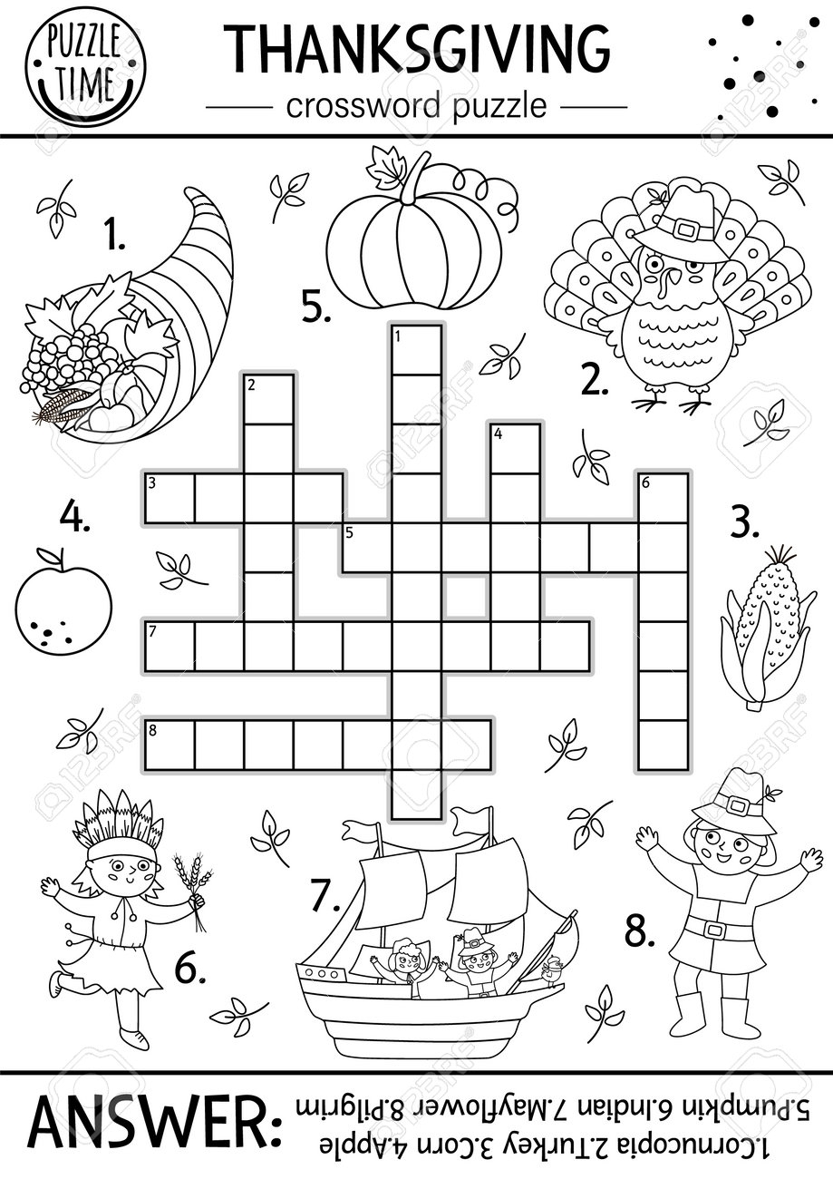 Vector Thanksgiving Black And White Crossword Puzzle For Kids Simple Line Autumn Quiz With Traditional Symbols For Children Coloring Activity With Turkey Pilgrim Pumpkin Fall Holiday Cross Word Royalty Free SVG Cliparts 