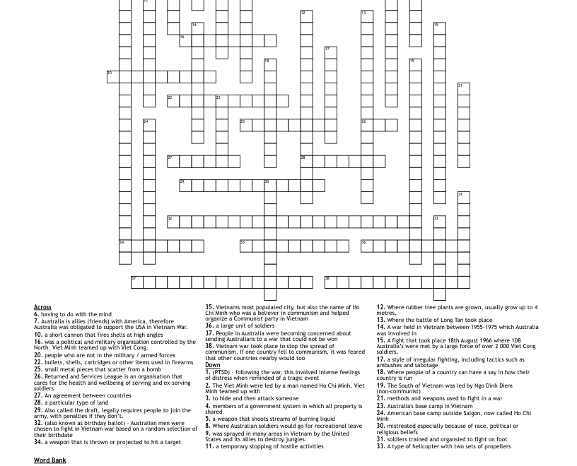 Vietnam War Vocabulary Crossword WordMint