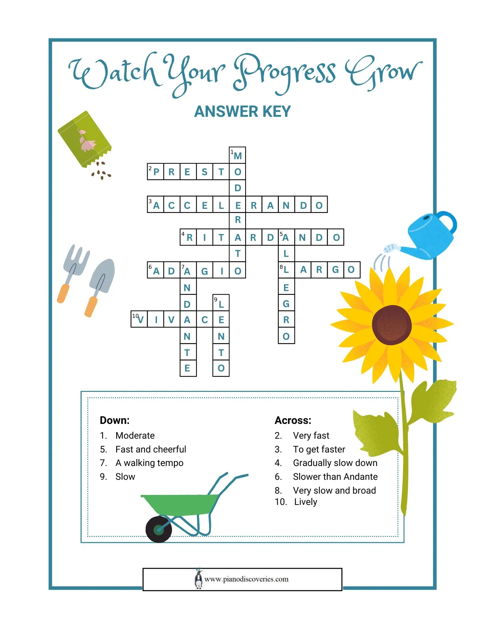 Watch Your Progress Grow Elementary intermediate Music Tempos Crossword Puzzle Etsy