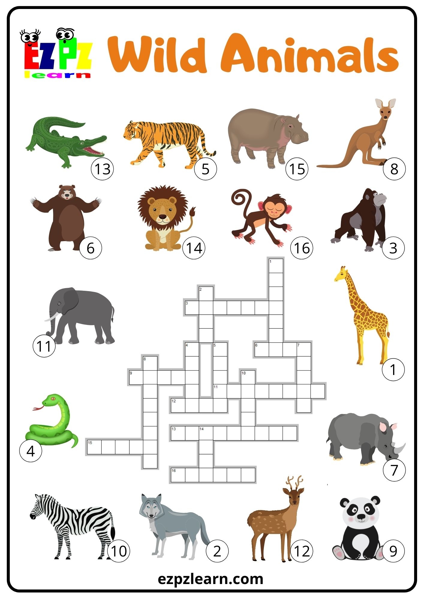 Wild Animals Crossword Ezpzlearn