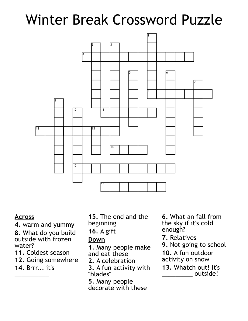 Winter Break Crossword Puzzle WordMint