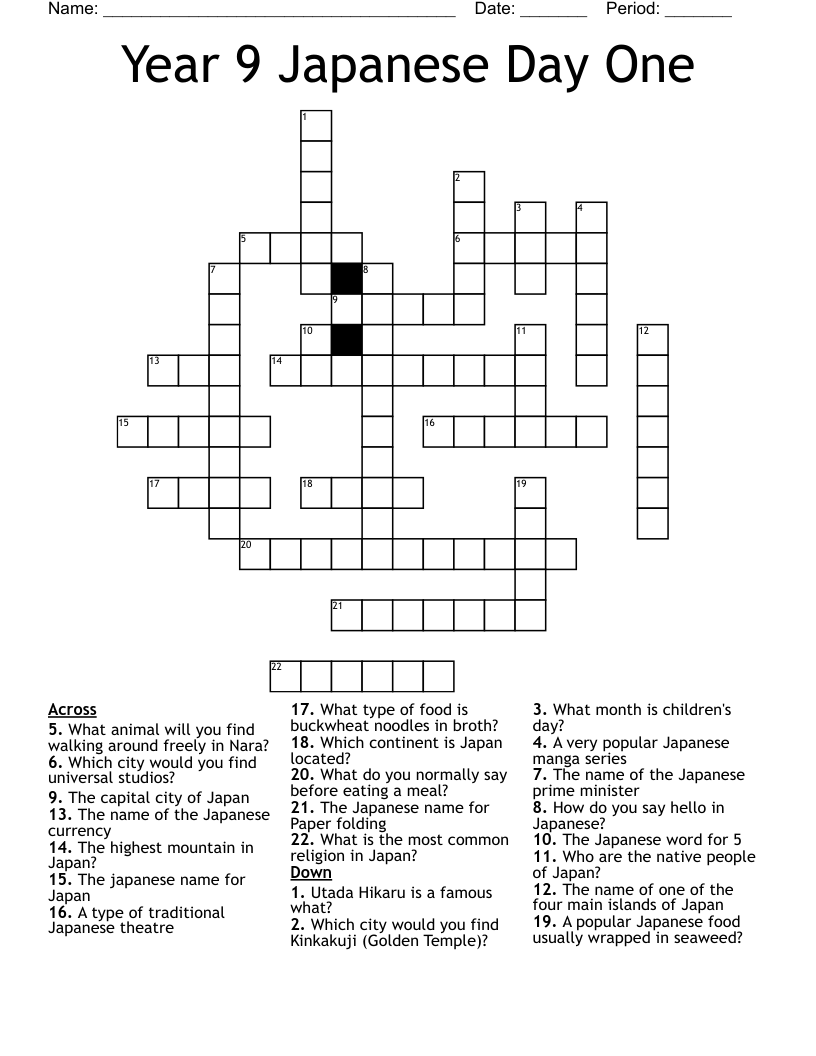 Year 9 Japanese Day One Crossword WordMint Year 9 Japanese Day One Crossword WordMint